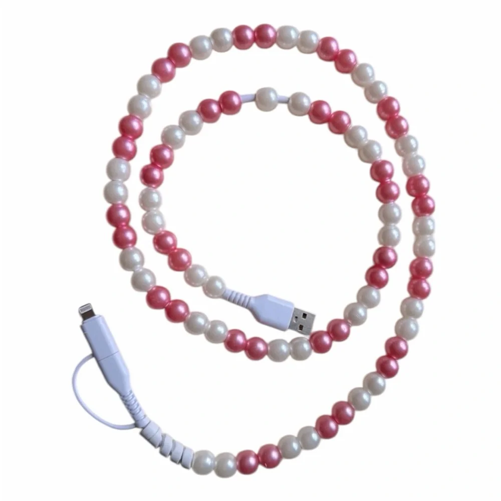 Pearl Beaded USB Charging Cable - Pink and White - New - 3 Ft.